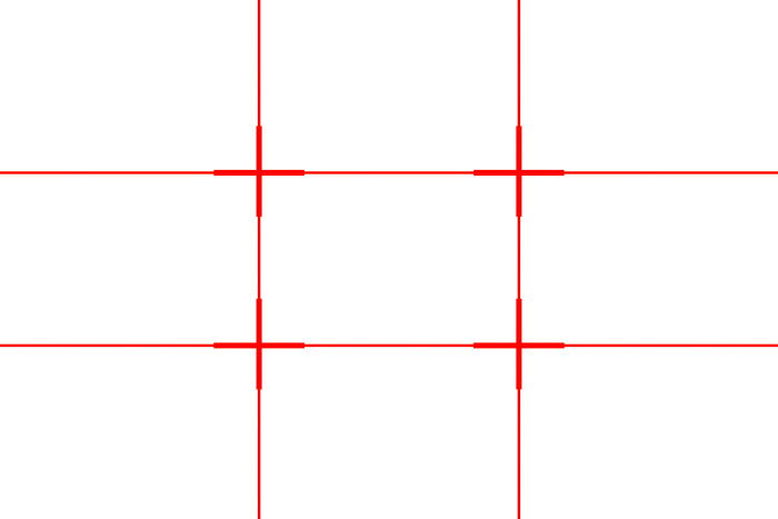 A red grid showing the rule of thirds grid (two horizontal lines and two vertical lines)